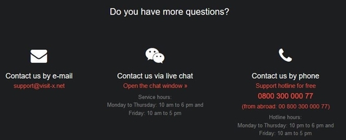 Visit-X has an FAQ section as well as live chat, Email and phone support