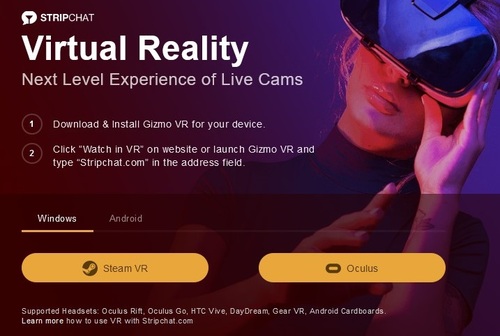 To use Stripchat's VR live cam rooms, you need special headgear and a browser